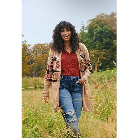 Maurices Aztec Geo Duster Long Sleeve Fringe Open Cardigan Sweater Plus Size 1X - Picture 1 of 8